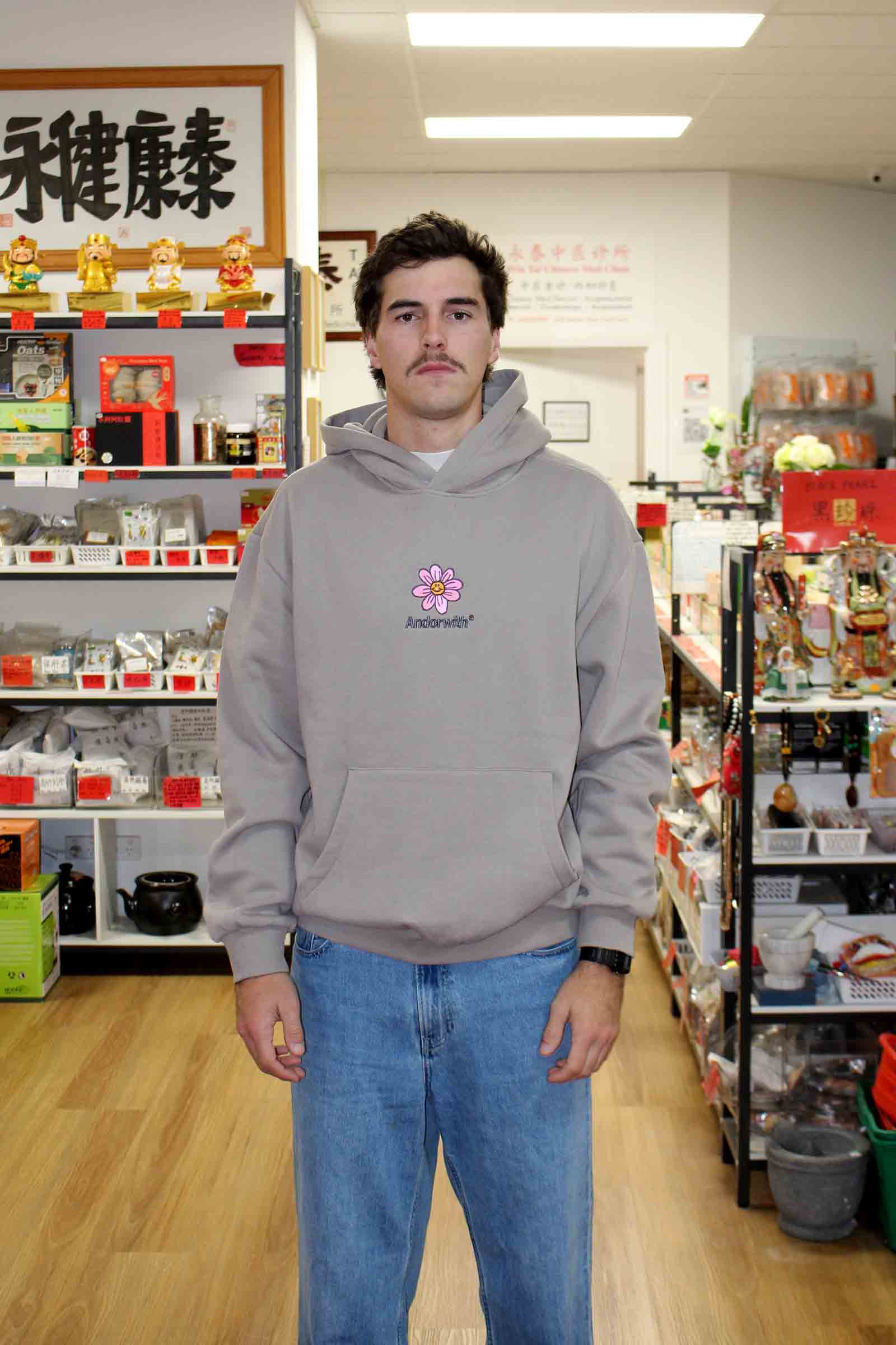 Happy Flower Box Fit Hoodie Mushroom