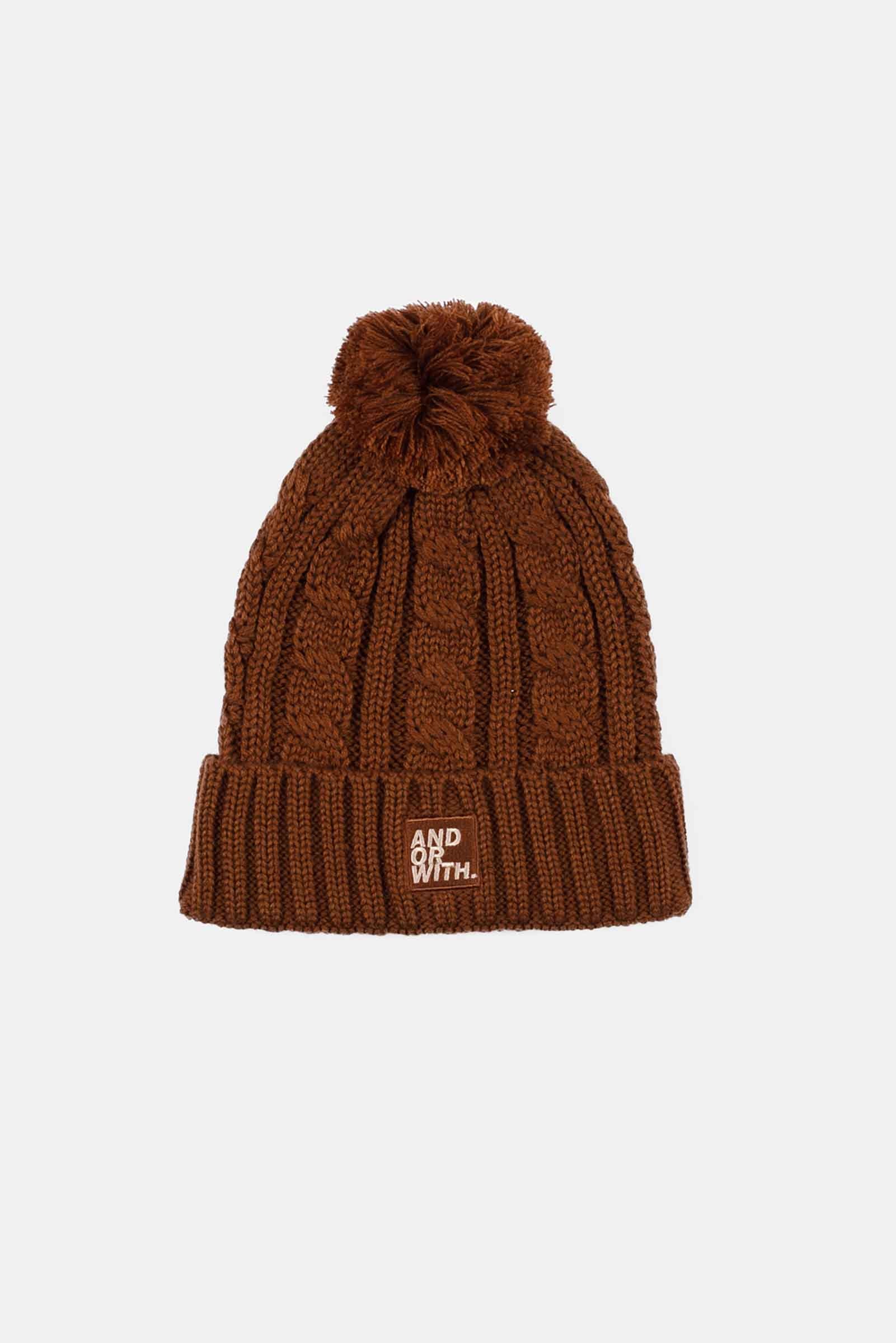 unisex-brown-wool-cable-knit-beanie-andorwith-surf-skate-wear