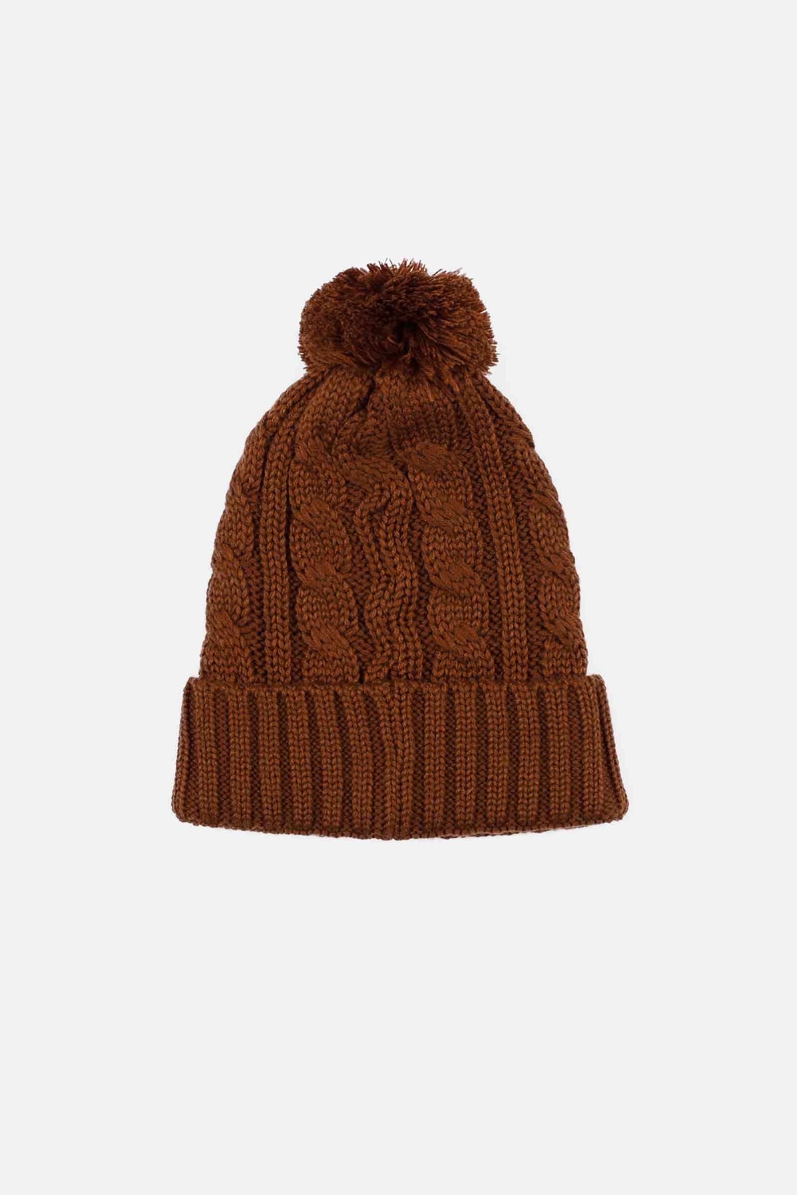 unisex-brown-wool-cable-knit-beanie-andorwith-surf-skate-wear