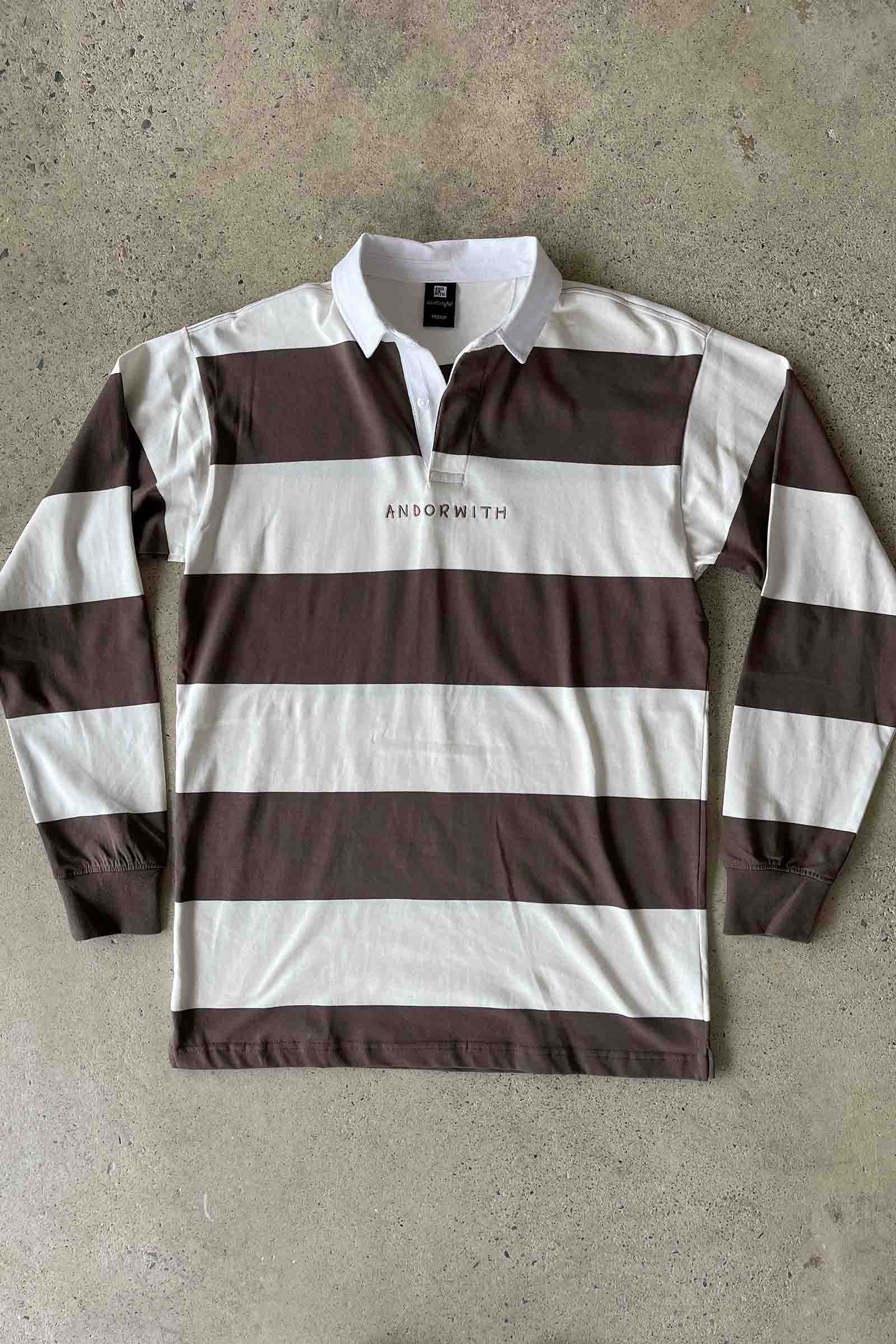 unisex-rugby-top-brown-cream-stripe-andorwith-surf-skate-wear