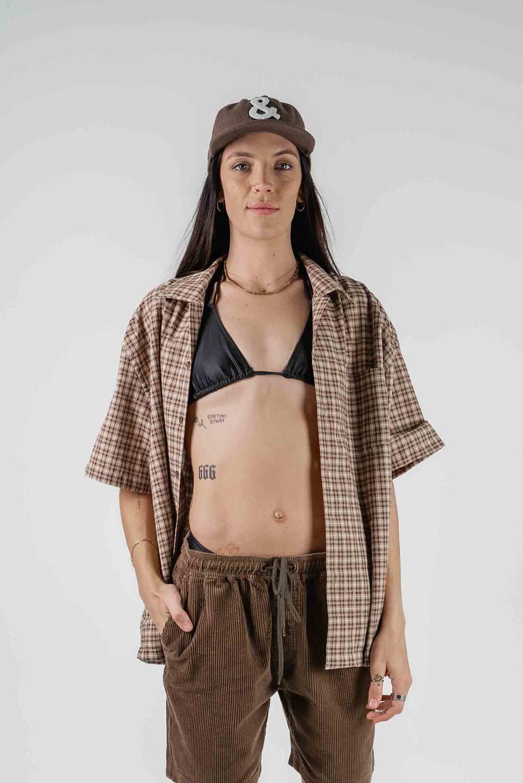 Check Button Up Shirt Brown