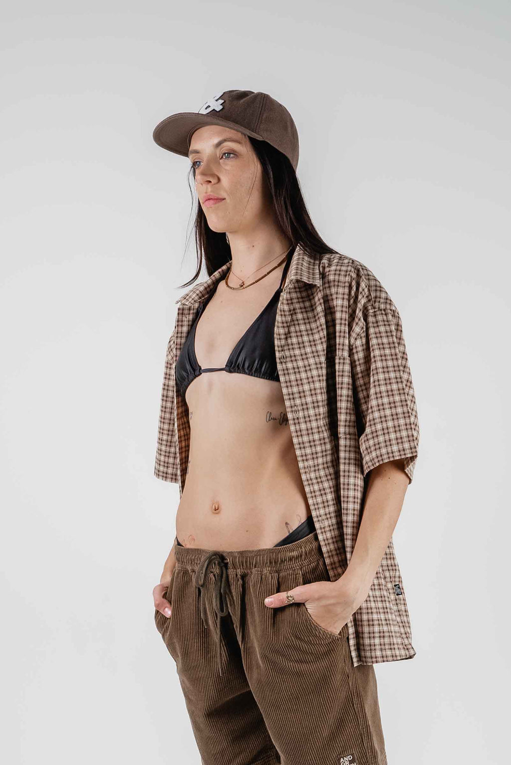 Check Button Up Shirt Brown