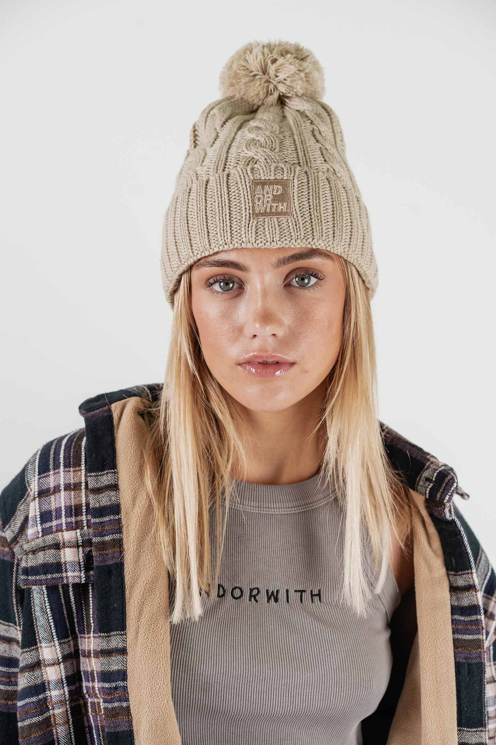 Cable Knit Pom Pom Beanie Cream