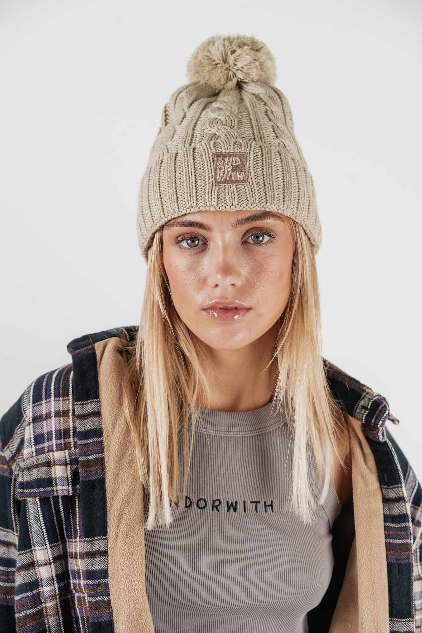 Cable Knit Pom Pom Beanie Cream