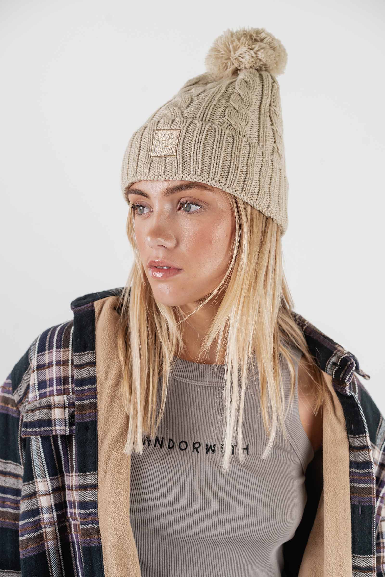 Cable Knit Pom Pom Beanie Cream