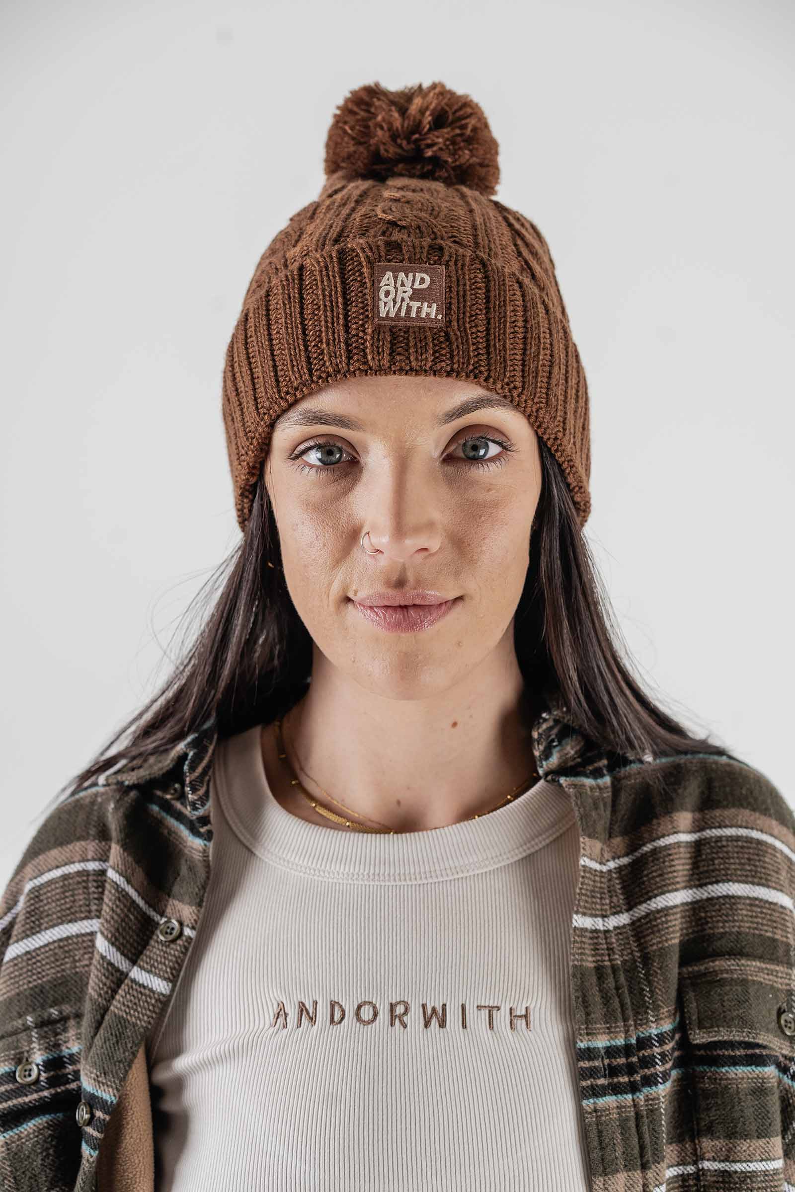 Cable Knit Pom Pom Beanie Brown