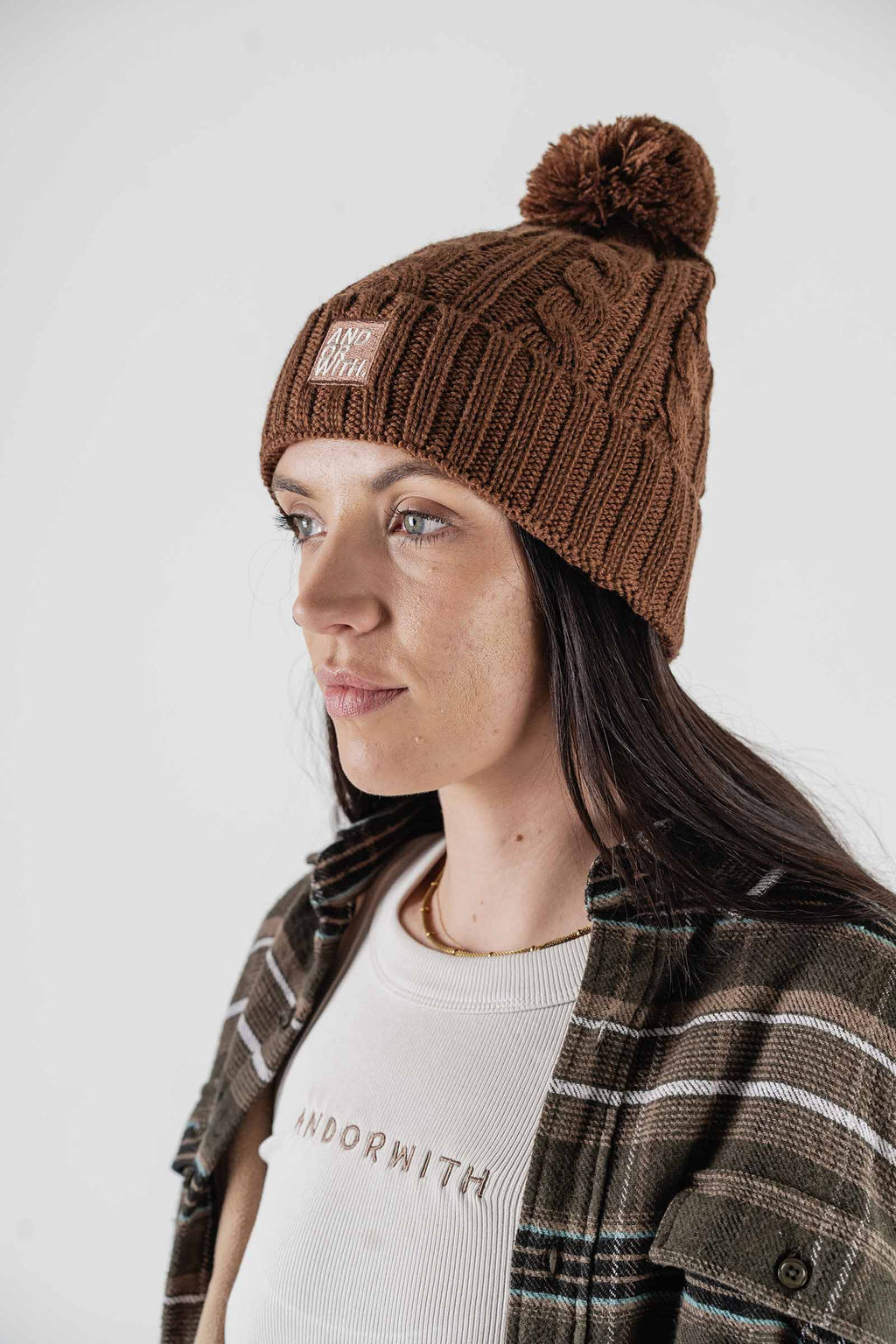 Cable Knit Pom Pom Beanie Brown