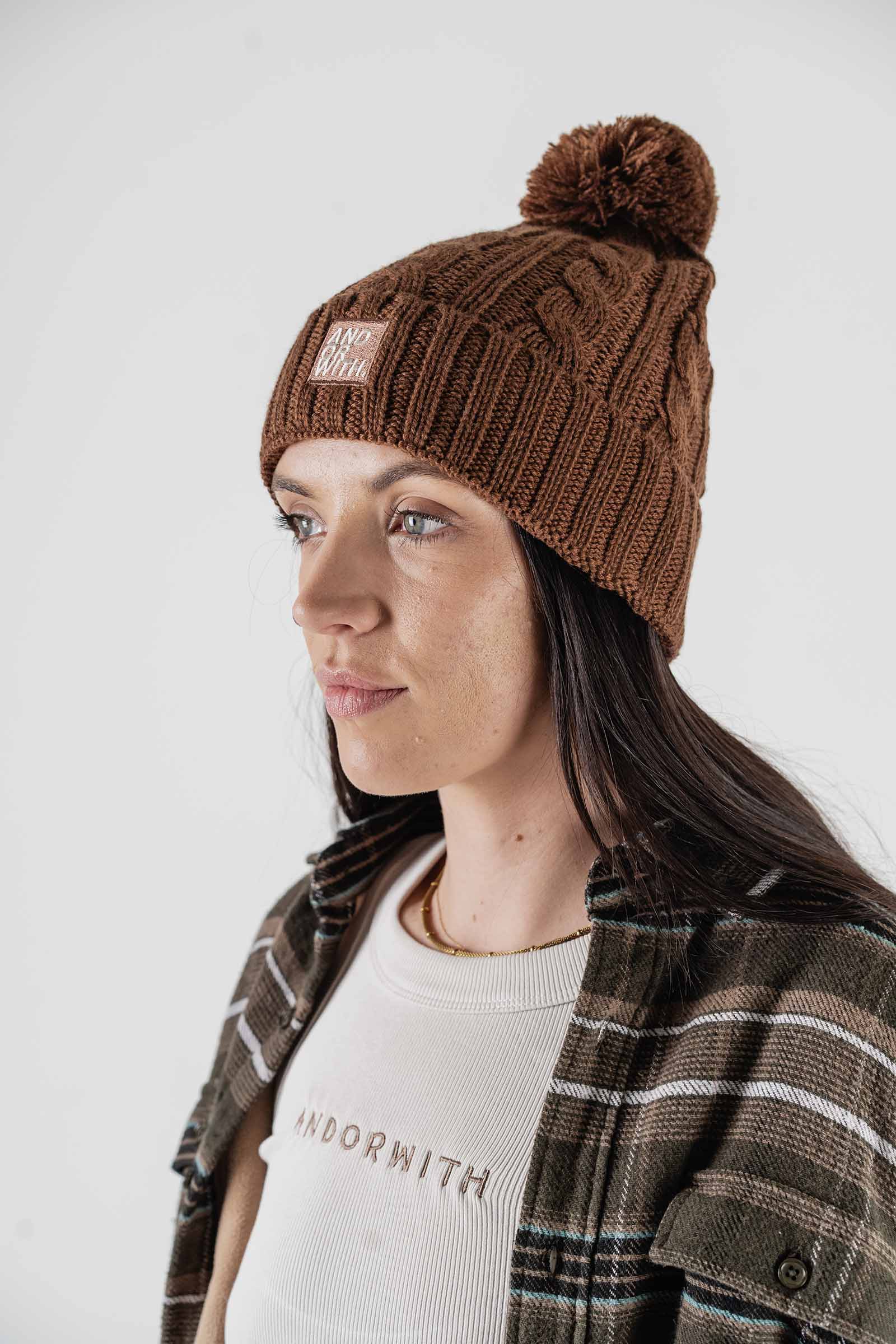 Cable Knit Pom Pom Beanie Brown