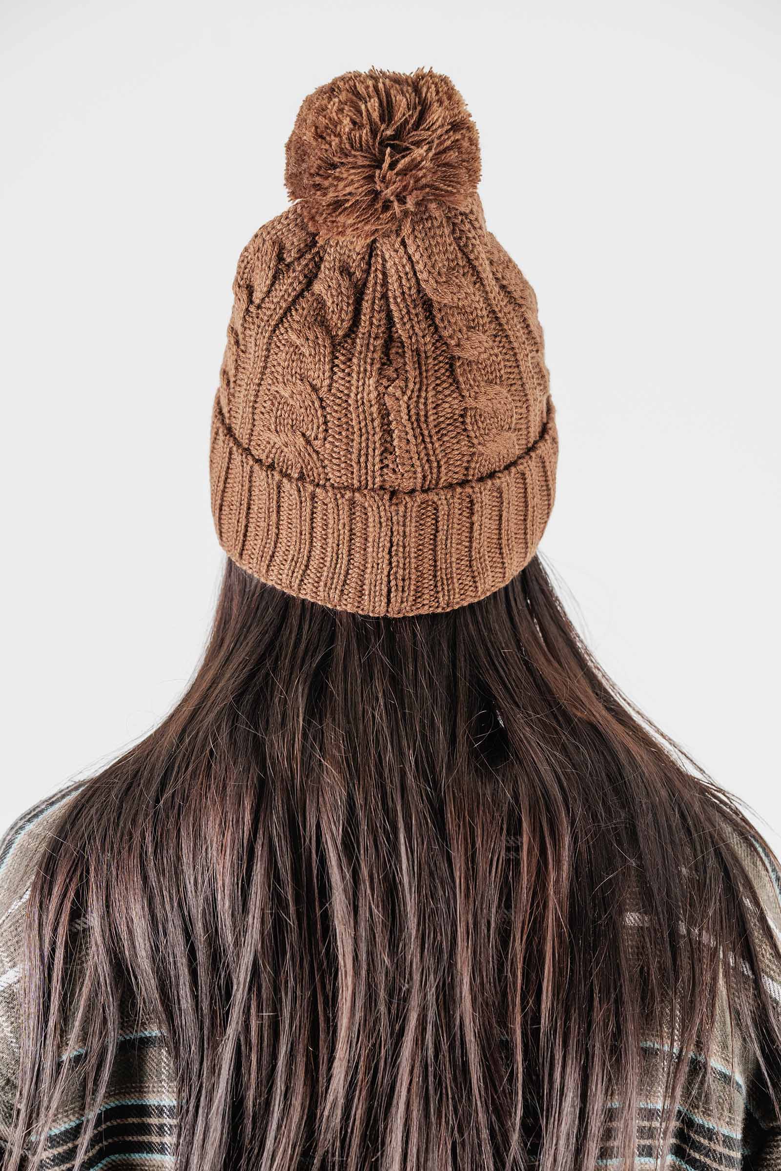 Cable Knit Pom Pom Beanie Brown