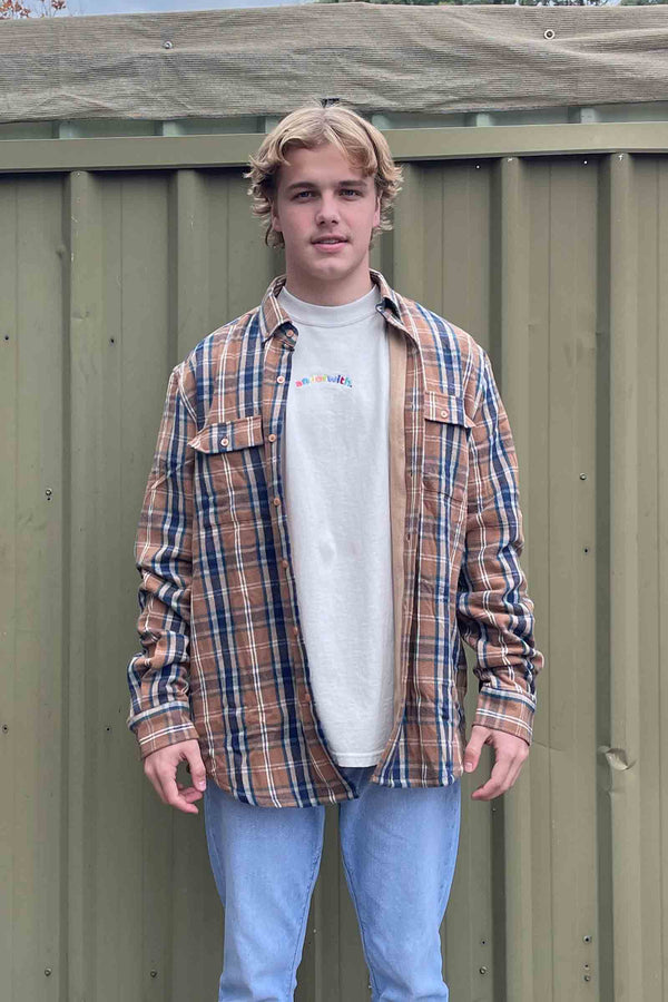 Beached Out Flanno Shacket Caramel/Navy *PRE ORDER* Ships in 6 weeks