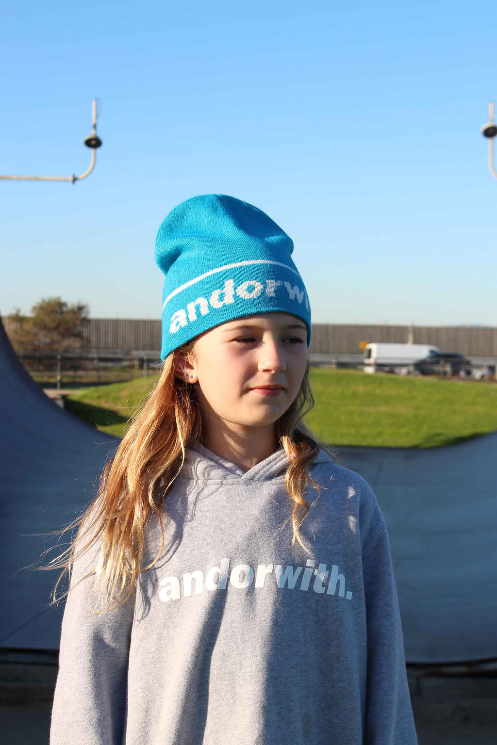 Kids Statement Cuffless Beanie Cyan
