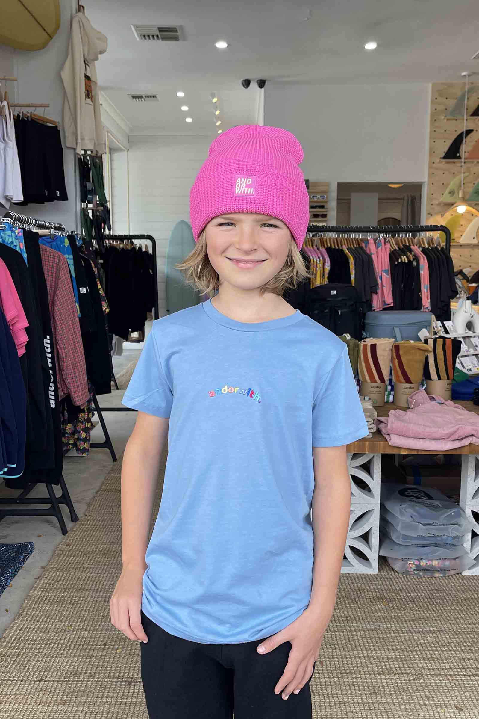 kids-blue-unisex-T-shirt-andorwith-surf-skate-wear