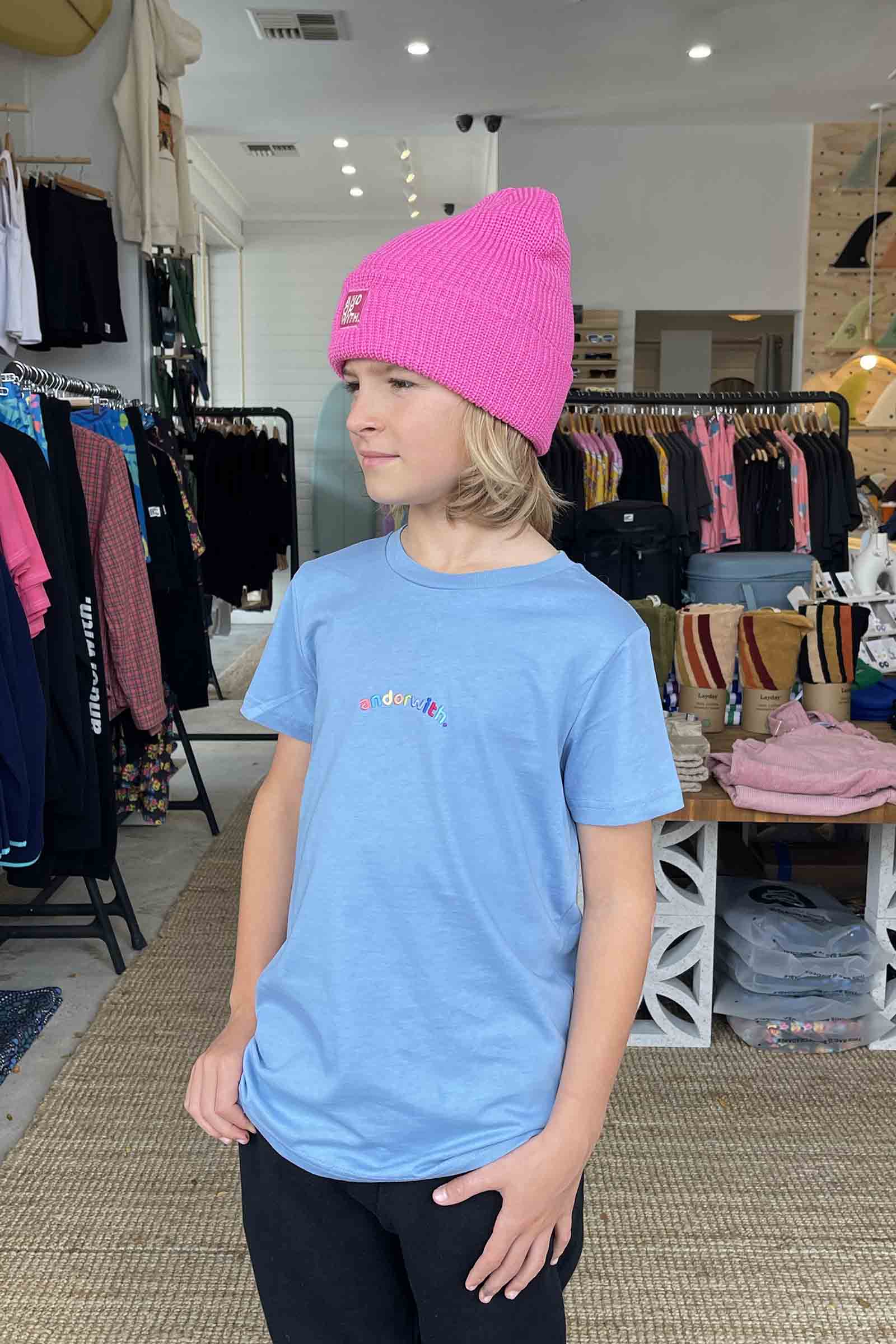 kids-blue-unisex-T-shirt-andorwith-surf-skate-wear